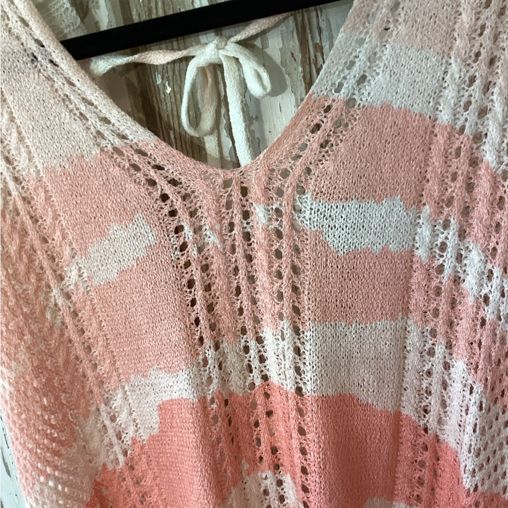 POL Open-Knit Tie-Front Swim Cover-Up in Coral and Cream - Picture 4 of 9